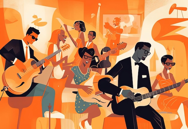 Illustration of several people playing the guitar in a flat style in the of mcdonaldpunk