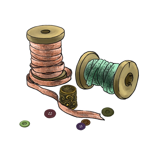 Illustration of sewing reels with ribbons