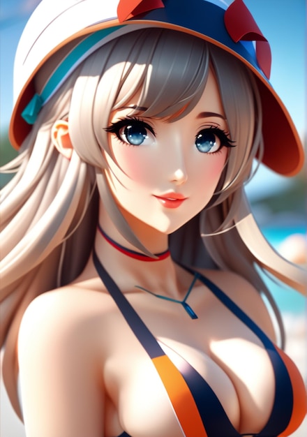 Illustration of sexy anime with swimsuit long hair