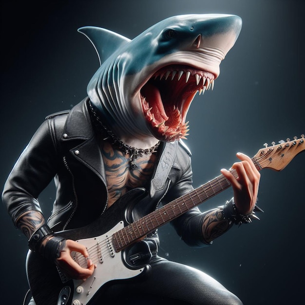 Photo illustration of a shark playing guitar singing rock generated by ai