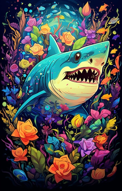 花に囲まれた魚のような口を持つサメのイラスト