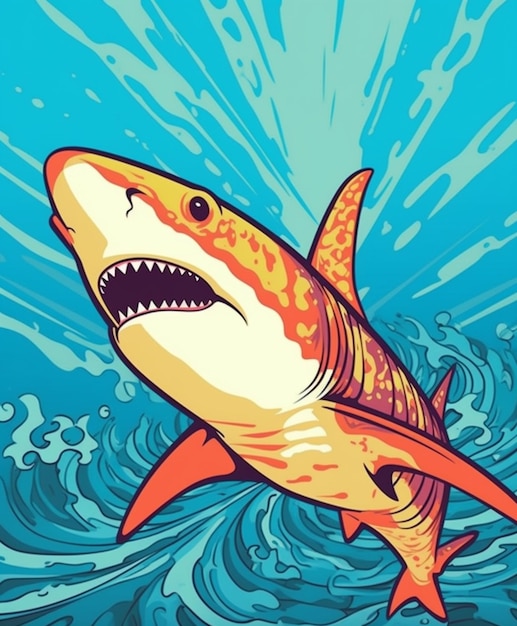 Illustration of a shark with open mouth in the ocean waves generative ai