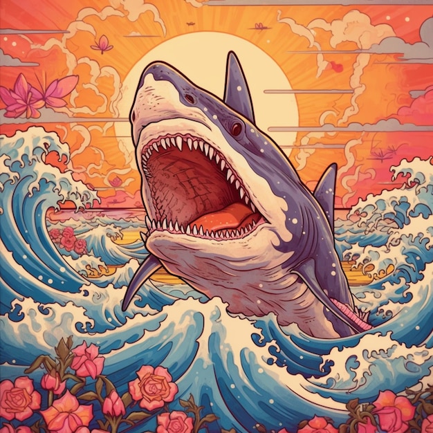 Illustration of a shark with open mouth in the ocean with flowers generative ai