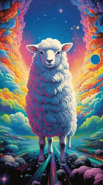 Illustration sheep with colourfull background and sky