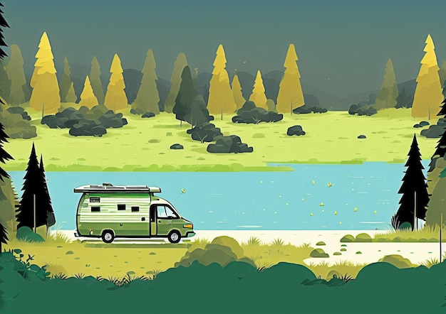 Illustration sheet of motorhome in nature generated with ai