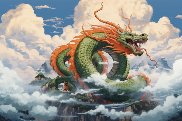 An illustration of Shenron floating amongst nimbus clouds