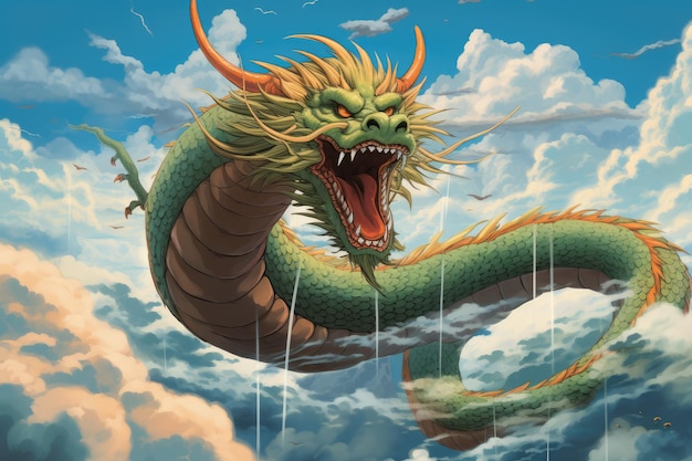 An illustration of Shenron floating amongst nimbus clouds