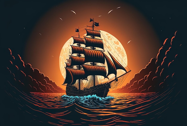 Illustration of a ship at sea with the moon and a stunning sky in the backdrop