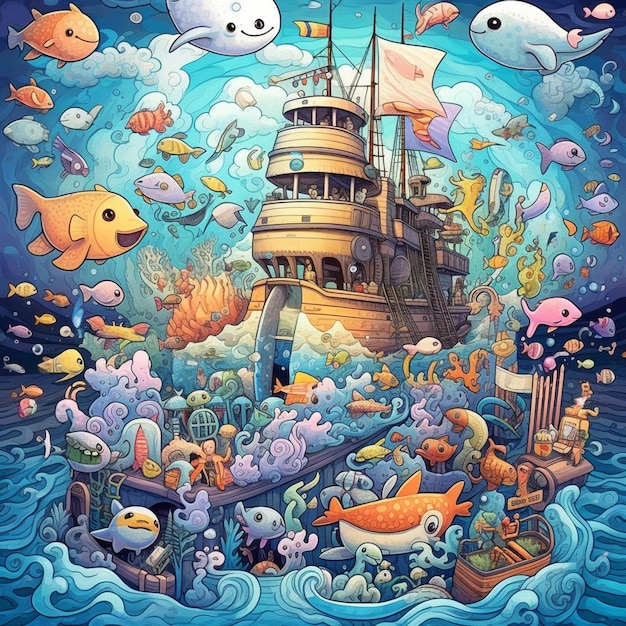 Illustration of a ship with many different types of fish in the ocean generative ai