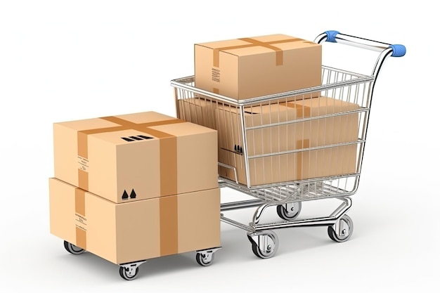 Illustration of shopping cart and cardboard boxes online store concept background Generative AI