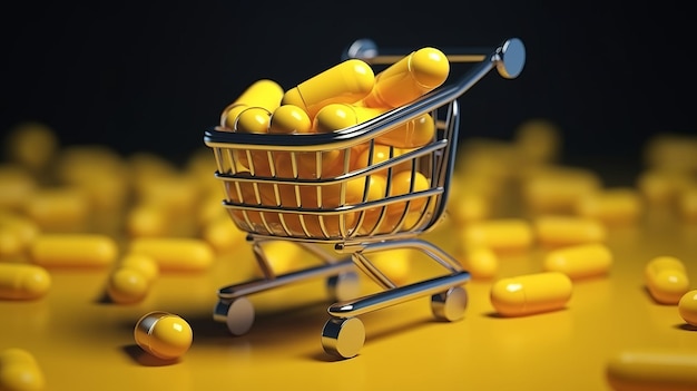 Illustration of a shopping cart filled with yellow pills capsule