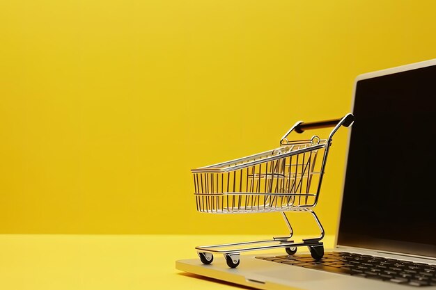 Illustration of shopping cart and laptop online stores concept yellow background generative ai
