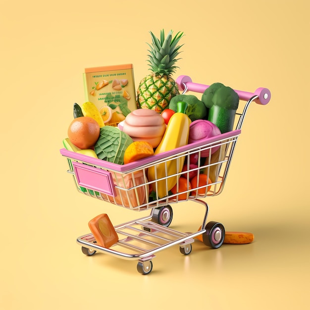 Illustration of shopping cart with groceries on a pastel background shopping time happy shopping