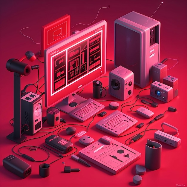 Foto illustrazione dell'acquisto di un dispositivo informatico su sfondo rosso generato da ai