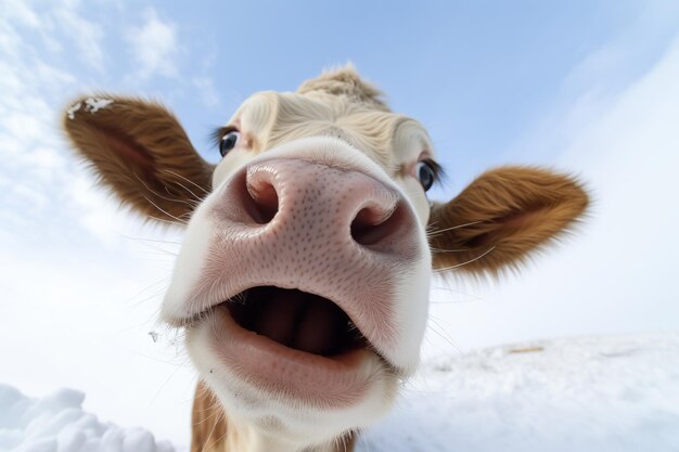 Illustration of shot from the ground up a cow looks at the camera generative ai