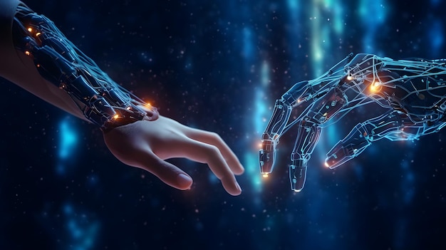 Illustration showcases the synergy between a robot and a human hand connected AI Generativ