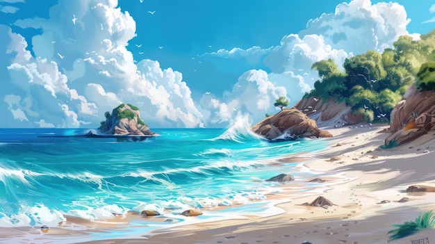 Illustration Showcasing Artistic Coastal Scene Wallpaper