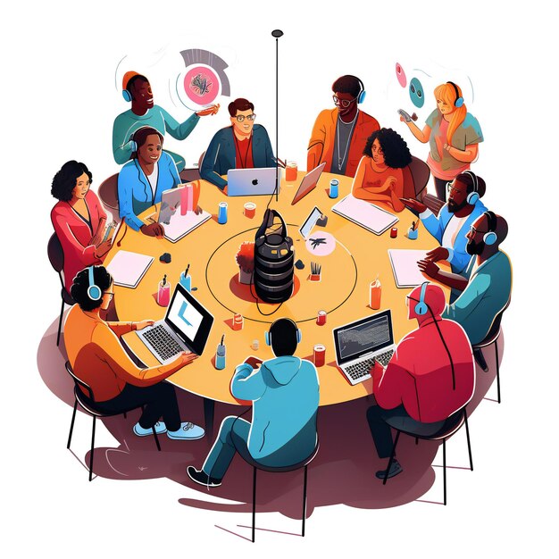 An illustration showcasing a diverse group of people gathering for Podcast day