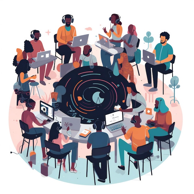 An illustration showcasing a diverse group of people gathering for Podcast day