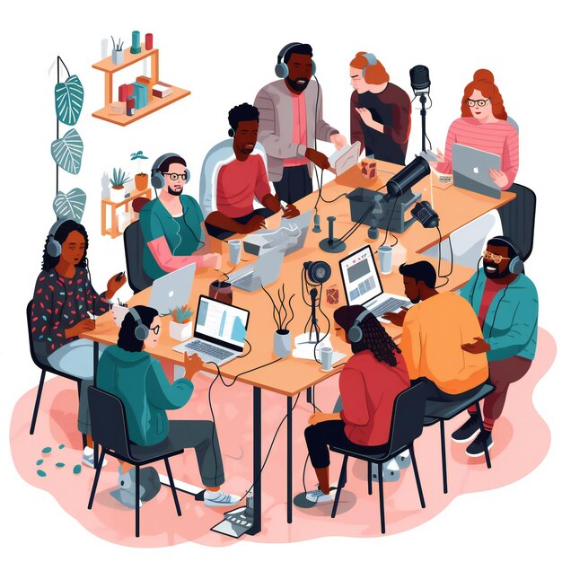 An illustration showcasing a diverse group of people gathering for Podcast day