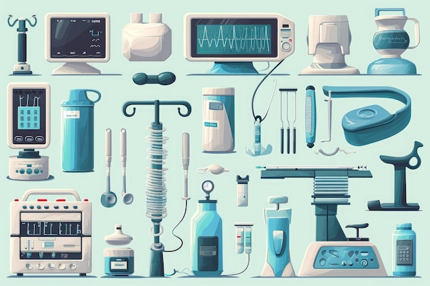Foto un'illustrazione che mostra una vasta gamma di dispositivi medici utilizzati negli ambienti sanitari illustrazione di varie attrezzature mediche ai generate