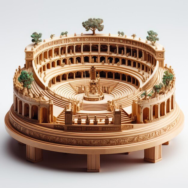 Illustration showcasing miniature stadium wooden sculpture