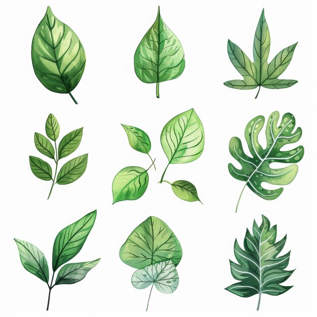 An illustration showcasing nine different types of green leaves each with unique shapes and vein patterns set against a white background