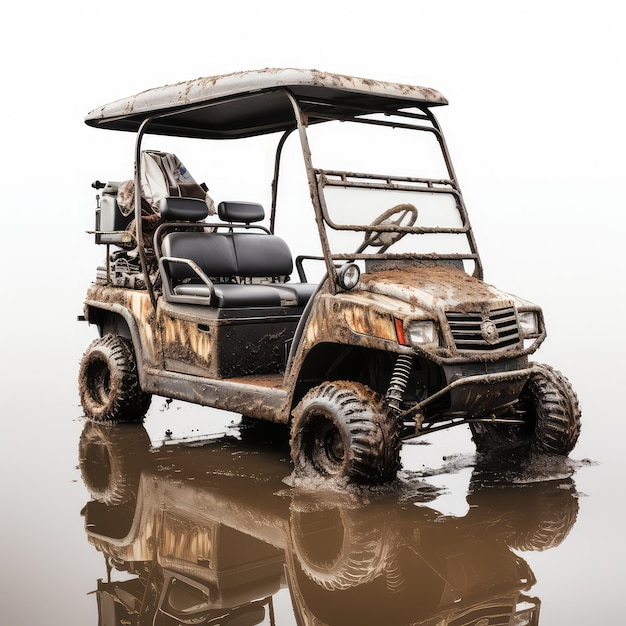 illustration showcasing a rusty and muddy golf cart above puddle engagingly