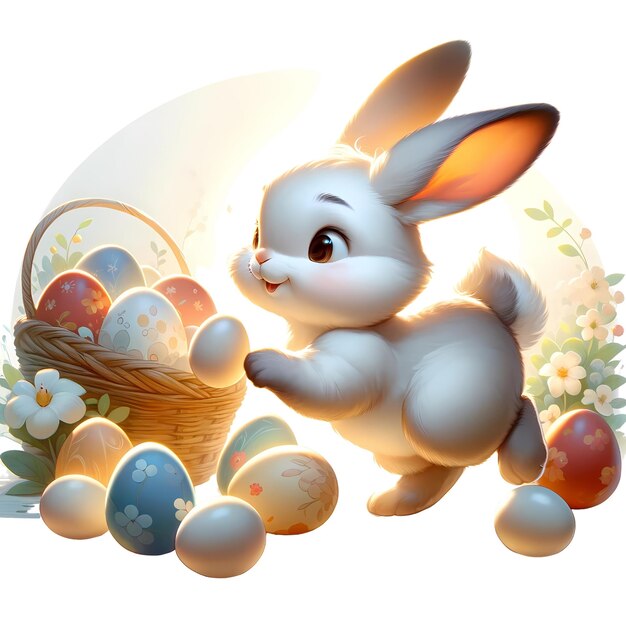 Иллюстрация, показывающая кролика, играюще взаимодействующего с яйцами JPG