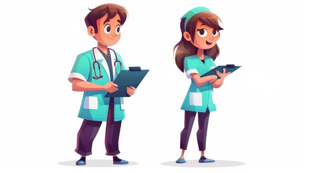 An illustration showing a doctor and nurse in uniform isolated on a white background A happy and a sad image of a man and woman in uniform illustrating a medical team in a hospital Doctor and