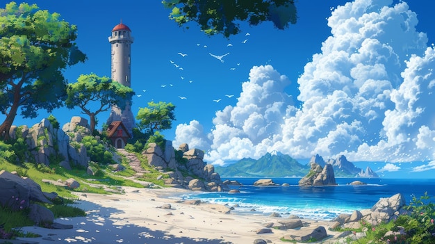 Иллюстрация, изображающая Сторожевую башню на пляже Детальный мультфильм Фантастический дизайн фона для сцены