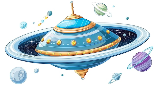 Foto l'illustrazione mostra una nave spaziale dei cartoni animati che vola nello spazio la nave spaziale è blu e argento e ha una grande cabina a bolle