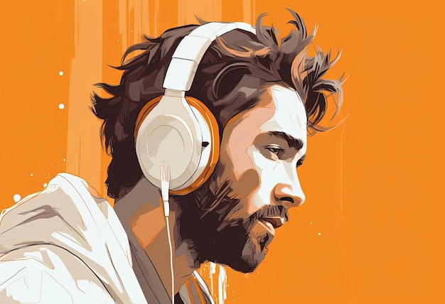 the illustration shows a man with headphones in the style of white and amber