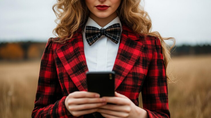 Photo the illustration shows a person holding a smartphone and taking pictures of a stylish outfit demonstrating the excitement of sharing fashion finds with friends in a manga style