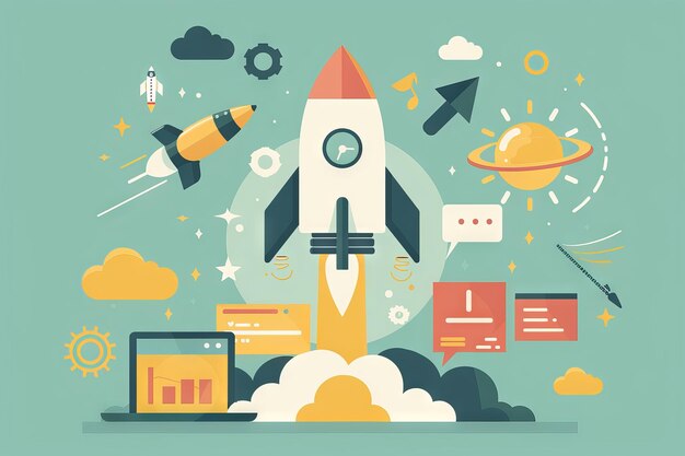 Photo the illustration shows a rocket launching into space