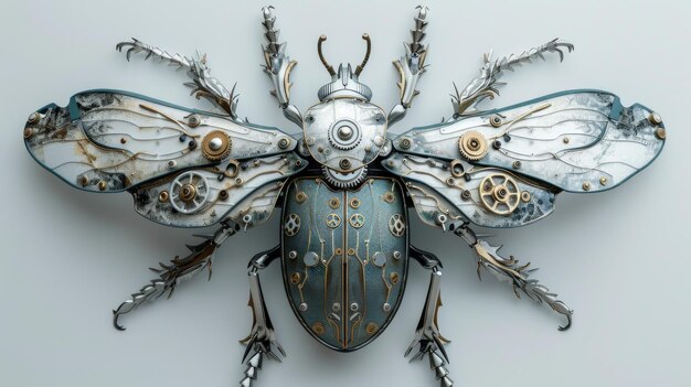 The illustration shows a silver mechanical ornamental beetle with clockwork gears and wings in 3D