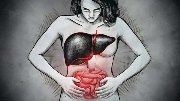 Illustration sick liver on womans body against gray background hepatitis concept with healthcare