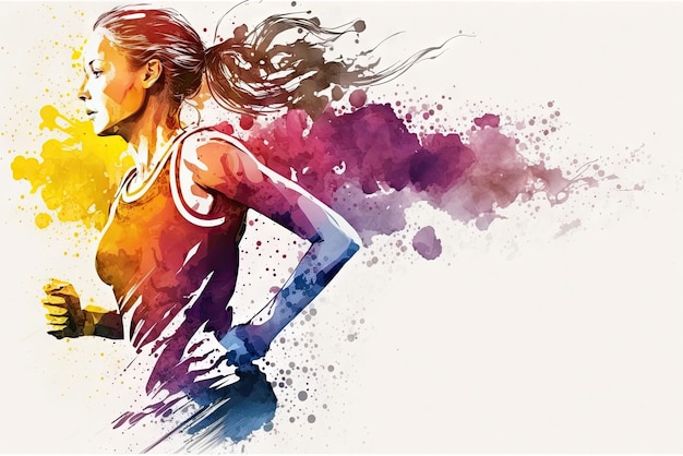 Illustration of a Side view of active sporty young runing girl ai generative