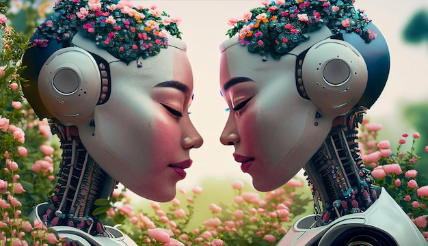 Photo illustration of side view of romantic lesbian couple of robots touching foreheads with closed eyes