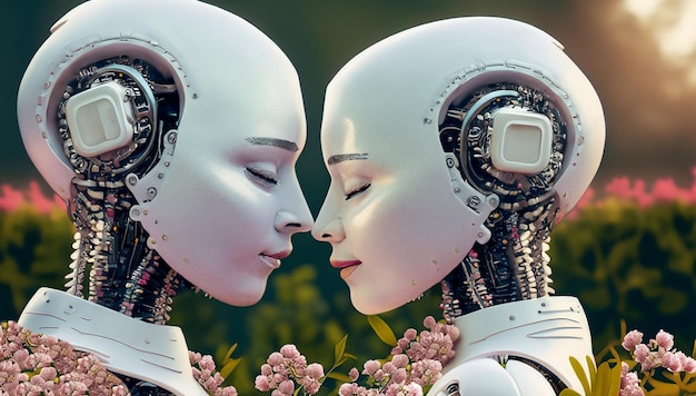 illustration of side view of romantic lesbian couple of robots touching foreheads