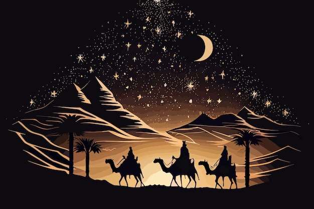 Illustration of the silhouette of the 3 reyes magos in the desert