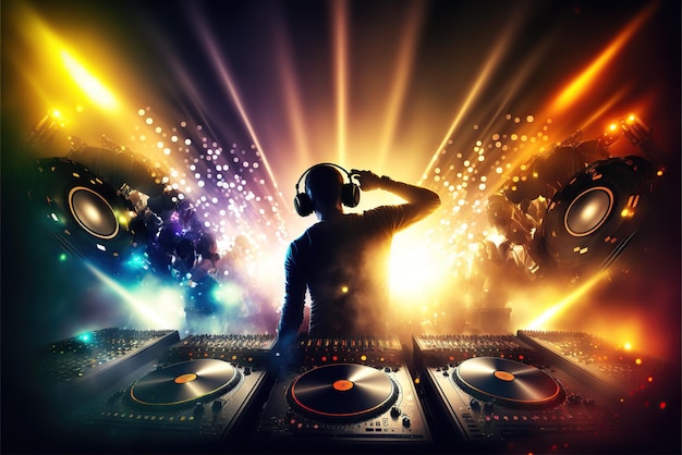 illustration of the silhouette of a DJ in the middle of a party