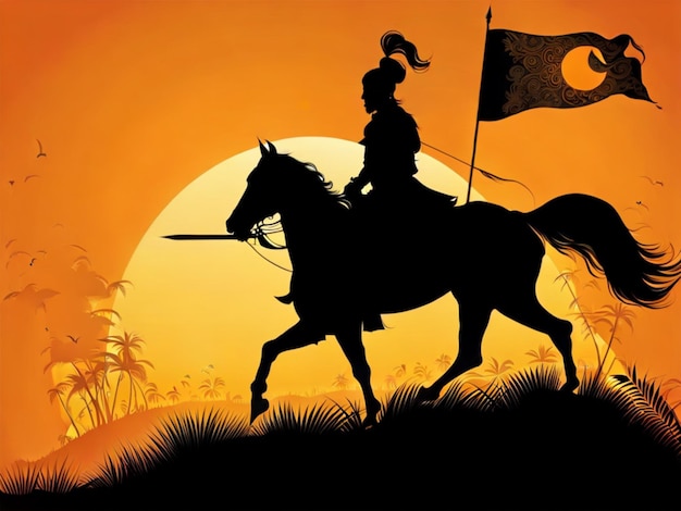 Illustration of silhouette of a indian warrior shivaji maharaj on horseback with a flag
