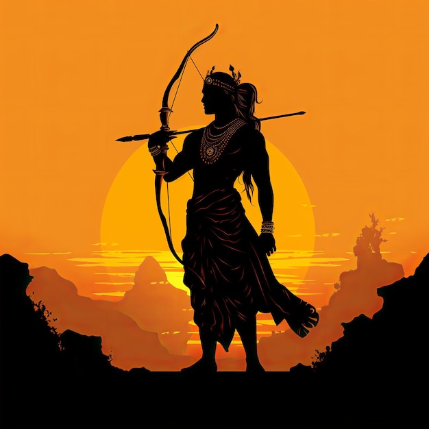 Illustration of silhouette of lord ram holding arrow and bow visual