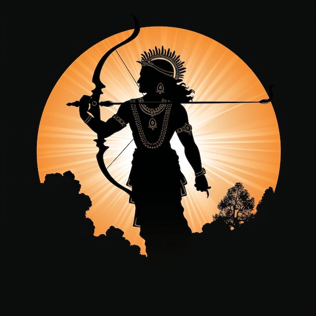 Photo illustration of silhouette of lord ram holding arrow and bow visual