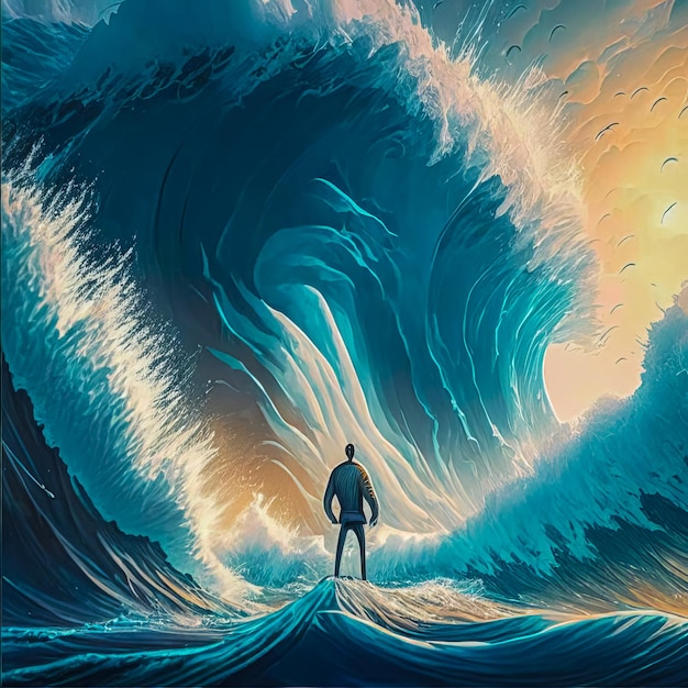거대한 바다 물결의 배경에 있는 남자의 실루엣 그림