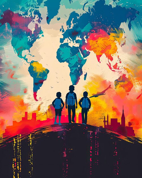 Foto illustrazione di una silhouette di giovani che si dirigono verso una città con una mappa del mondo sullo sfondo