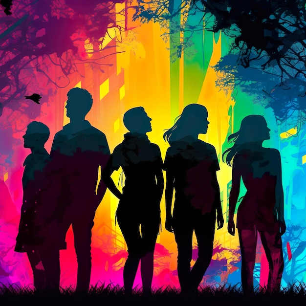 Иллюстрация силуэта молодых людей с яркими цветами во Всемирный день молодежи