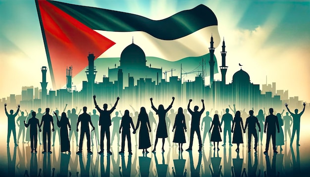 An illustration of silhouetted figures waving the flag of Palestine with a serene background AI Generated