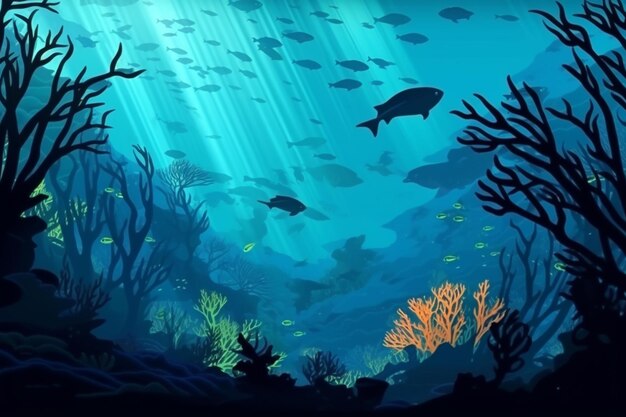 Photo illustration silhouettes of coral reef and fishes underwater generative ai